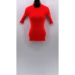 UNBRANDED Women's Neon Orange Ribbed High-Neck Short Sleeve Top SZ XS/S